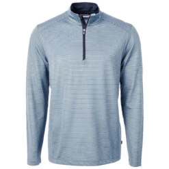 Cutter & Buck Men's Atlas/Navy Blue Virtue Eco Pique Micro Strip Recycled Quarter Zip
