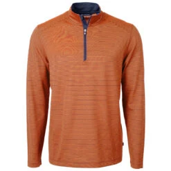 Cutter & Buck Men's College Orange/Navy Blue Virtue Eco Pique Micro Strip Recycled Quarter Zip